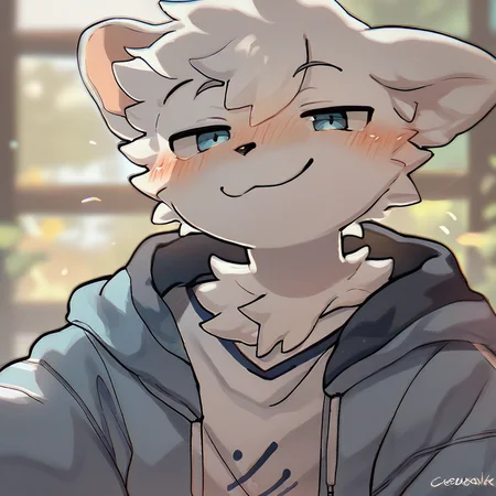 <lora:Boykisser SDXL:0.9>, score_9,score_8_up,score_7_up,score_6_up,score_5_up,score_4_up, solo anthro furry, boykisserfur, male, white fur, white ears, smug, blush