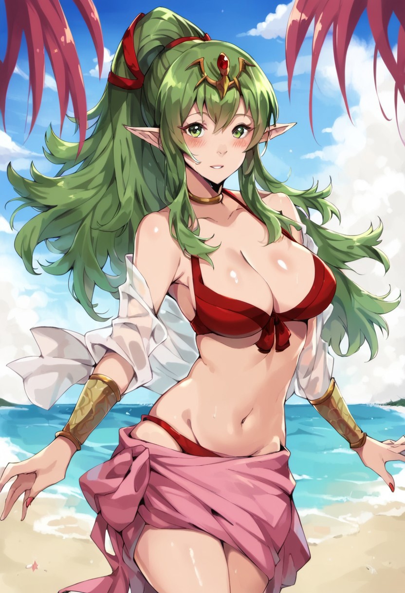 score_9, score_8_up, score_7_up,  <lora:dannex009:1>, uncensored,1girl, TikiSummer, green hair, long hair, ponytail, pointy ears, green eyes, red bikini, large breasts, sarong, beach, standing, look at viewer, portrait