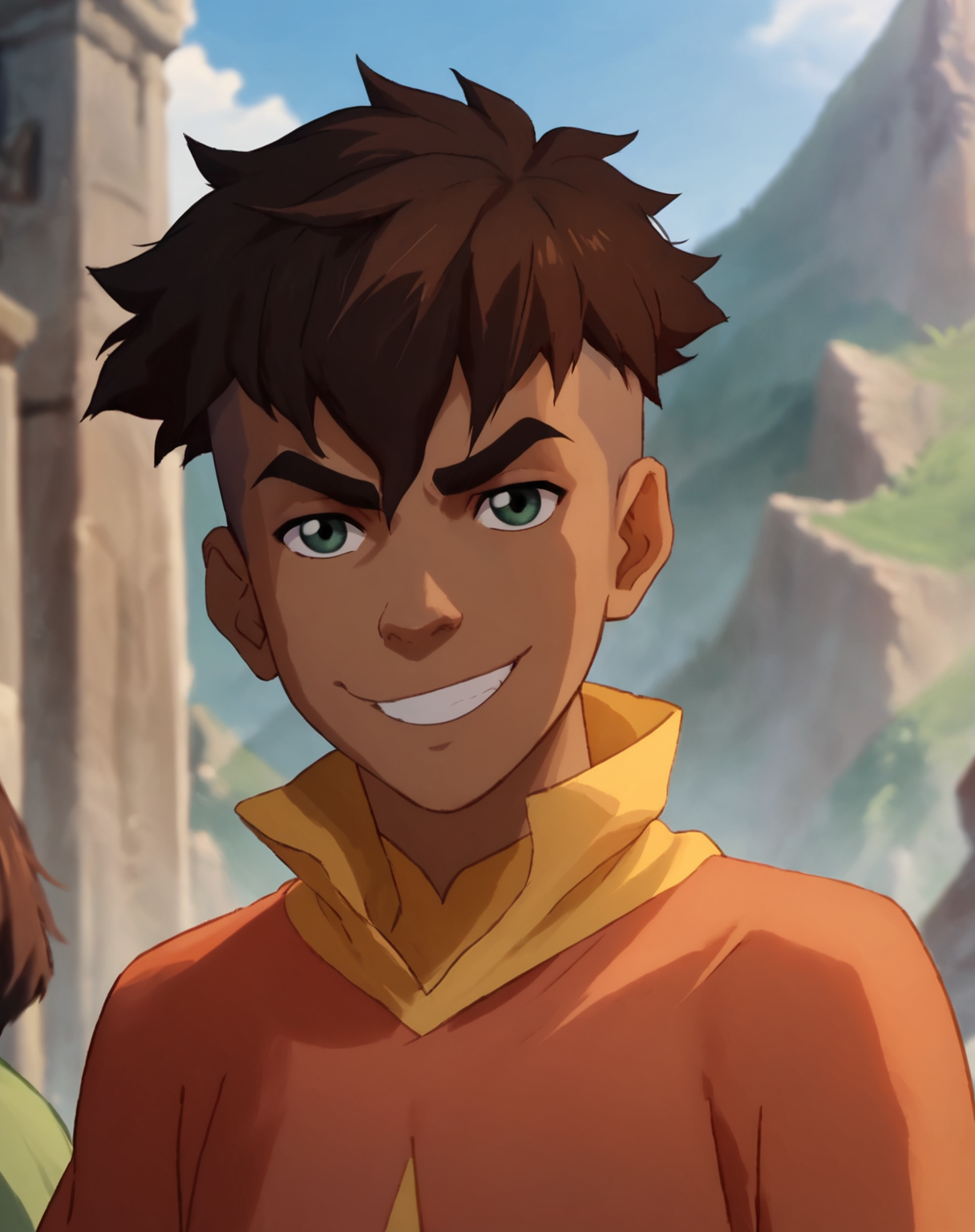 score_9,score_8_up,score_7_up,  <lora:Kai:0.8>, 1boy, Kai, brown hair, undercut, green eyes, dark skin, air kingdom clothing, smirk, yellow clothes, looking at viewer, outdoors, upper body, official art, official style,