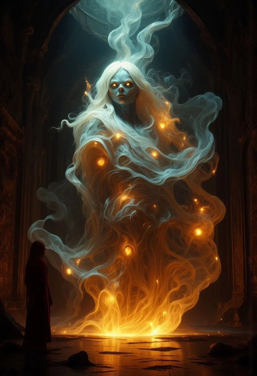 An ethereal, glowing, ghostly, otherworldly presence of a woman like creature, with glowing silver strands of metallic hair, softly glowing in a dimly lit room. She has no skin, she is made up of ethereal tendrils of smoke, glowing plasma, light and mist that undulating and shifts, as if she exists between worlds, with soft, shimmering edges blending into the shadows. Her eyes are deep and luminous orbs, filled with warmth and mystery, as she gazes directly at you, her lips curved in something resembling a gentle, knowing smile. She is wrapped in a glowing, linen shroud. The room is bathed in a soft, mystical glow, with faint, swirling patterns of ethereal light surrounding her, adding to her supernatural allure. Floating through space. There is also a small woman in the room, with dark hair and dressed in a flowing red robe, looking up at the larger than life ethereal creature and basking in her glow.