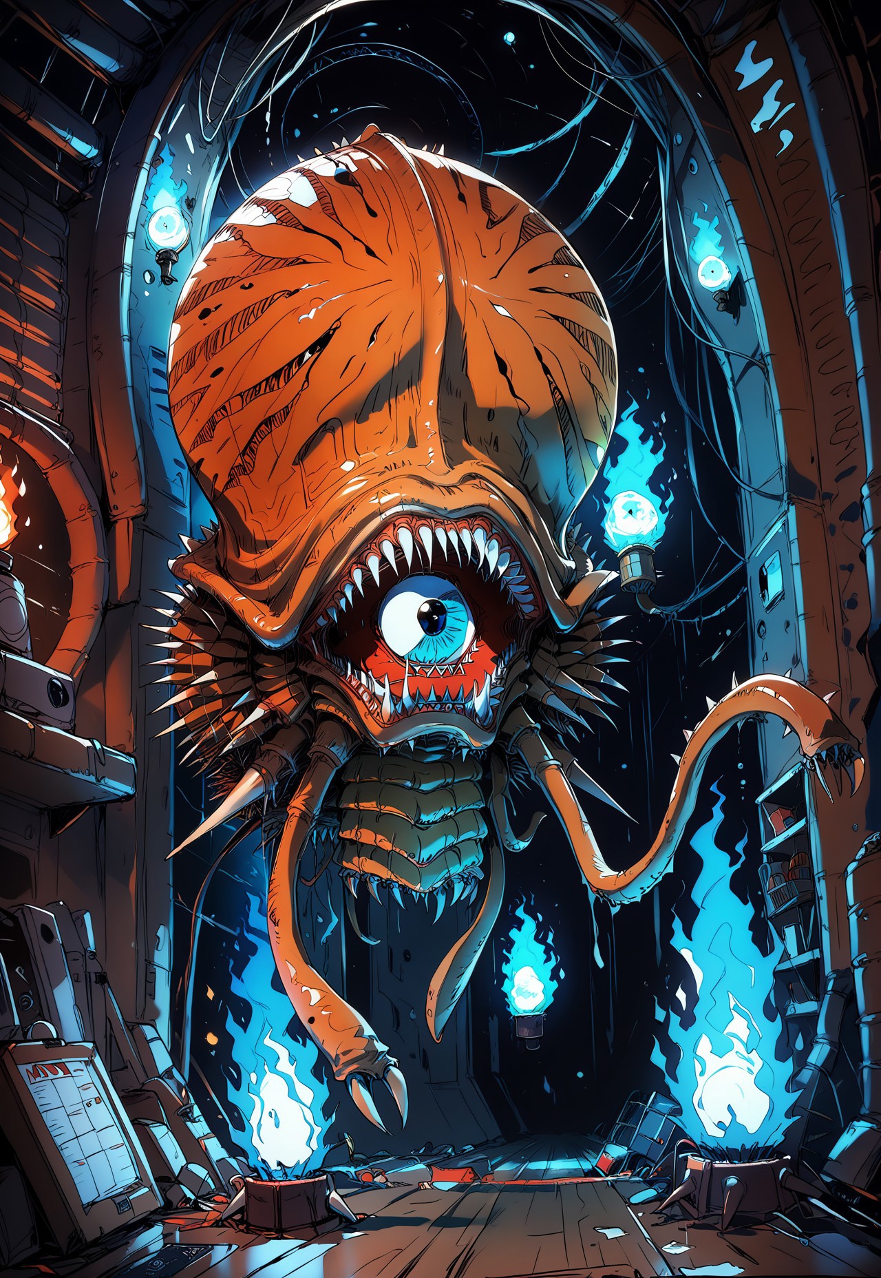 safe_pos, score_9, score_8_up, score_7_up,monster, solo, fire, teeth, solo, blue fire, full body, open mouth, horror (theme), sharp teeth, phantoon, monster, tentacles, spikes, one eye, cartoon,inside space ship, side spikes, bubble 