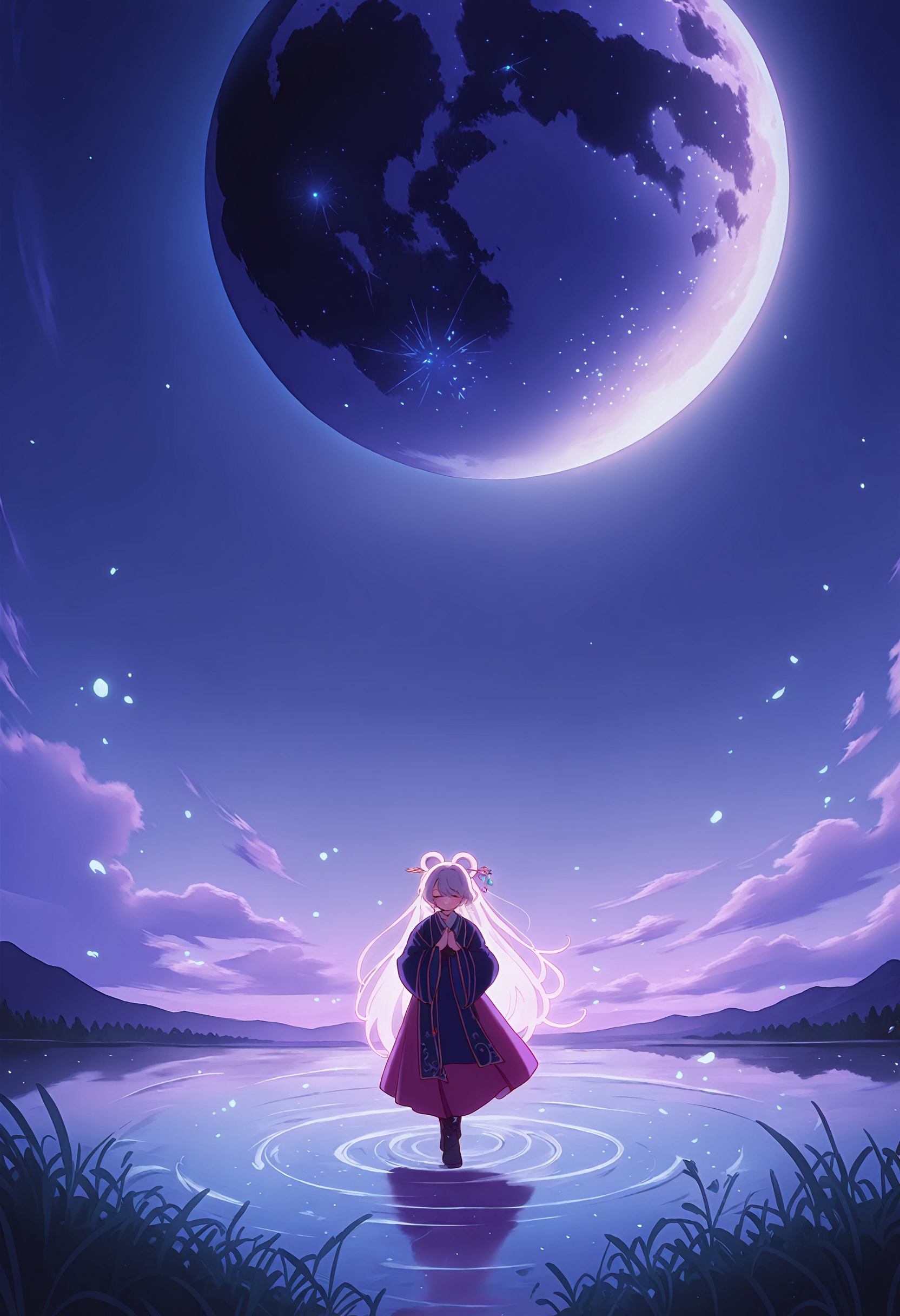 n30n01r, glowing, <lora:NeoNoir:0.6>,
NoGamenoLifeStyle, <lora:No_Game_no_Life IL:0.6>,
4ur4_illu,shiny, <lora:Aura_Phantasy_illu:0.6>,
<lora:spo_sdxl_10ep_4k-data_lora_webui:0.8>,
intricate details, cinematic lighting,ethereal atmosphere, serene riverside at night, full moon casting silver reflections on gently rippling water, a girl in flowing hanfu with delicate embroidery of peonies and lotuses, translucent silk sleeves fluttering in breeze, porcelain-like complexion with subtle blush, luminous eyes gazing pensively at distant horizon, graceful posture with hands clasped gently, surrounded by blossoming cherry trees shedding petals like snowflakes, misty mountains fading into distance, celestial glow illuminating crystalline dewdrops on grass, traditional jade hairpin adorned with pearls, soft focus blending realism and dreamlike quality, muted color palette dominated by moonlit blues and pearlescent whites, subtle ink wash texture overlaying scene, symbolic elements of eternity and transience.