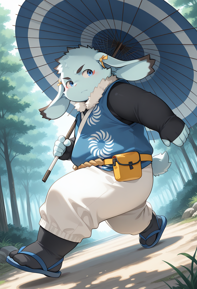 amazing quality, colorful, best quality, high quality, dynamic pose, dynamic angle, from side, high angle, looking away, 
<lora:inaba-v5-000010:0.9> t-inaba, BREAK anthro rabbit, rabbit boy, 1boy, japanese clothes, fur_collar, black_bodysuit_under_clothes, sleeves_past_wrists, blue_sleeveless_kimono, ear_ribbon, shimenawa, white capri_pants, black_tabi, blue sandals, forest, serious, dappled sunlight, oil-paper umbrella, holding umbrella, young, furry, (aged_up:0.5), fanny pack,
