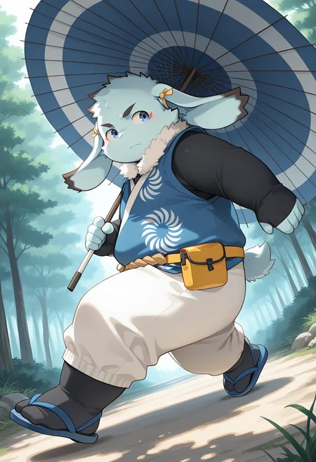 amazing quality, colorful, best quality, high quality, dynamic pose, dynamic angle, from side, high angle, looking away,
<lora:inaba-v5-000010:0.9> t-inaba, BREAK anthro rabbit, rabbit boy, 1boy, japanese clothes, fur_collar, black_bodysuit_under_clothes, sleeves_past_wrists, blue_sleeveless_kimono, ear_ribbon, shimenawa, white capri_pants, black_tabi, blue sandals, forest, serious, dappled sunlight, oil-paper umbrella, holding umbrella, young, furry, (aged_up:0.5), fanny pack,