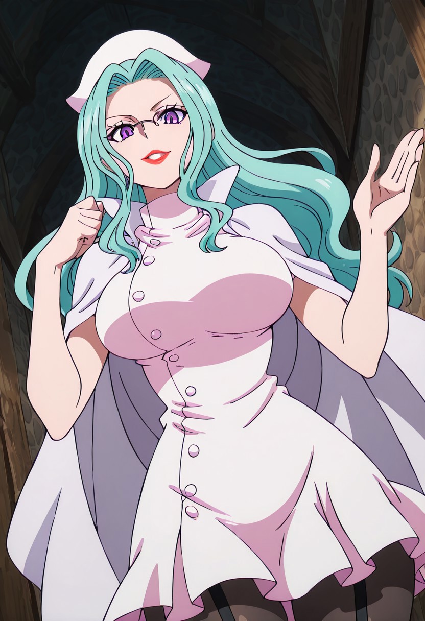 AlphaOP, 1girl, solo, aqua hair, long hair, white nurse cap, glasses, purple eyes, full lips, red lipstick, nurse outfit, large breast, white short dress, buttons, white cape, large butt, thick thighs, black garter straps, black pantyhose, pleated short skirt, sleeveless,,
masterpiece, best quality, fine details, intricate details, depth of field, subsurface scattering, bokeh,
 ultra-detailed, very aesthetic, detailed background, newest, scenery, highres, absurdres, colorful, vibrant, glowing, perfect face, 2d, perfect eyes,  vibrant saturated colors, volumetric lighting, sharp, detailed eyes, perfect anatomy,  perfect face, perfect eyes, mature body, clear eyes, beautiful eyes, athletic, curvy body, athletic girl, perky tits, perfect tits, round breasts, pinup pose, teasing, lustful expression, perfect hands, 
muscular female, dutch angle,  dynamic pose,
pantyhose focus, upskirt,
,Smooth Negative, Smooth_Quality,