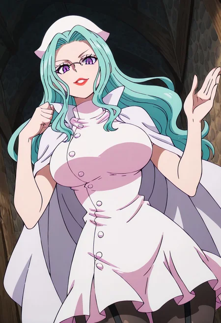 AlphaOP, 1girl, solo, aqua hair, long hair, white nurse cap, glasses, purple eyes, full lips, red lipstick, nurse outfit, large breast, white short dress, buttons, white cape, large butt, thick thighs, black garter straps, black pantyhose, pleated short skirt, sleeveless,,
masterpiece, best quality, fine details, intricate details, depth of field, subsurface scattering, bokeh,
 ultra-detailed, very aesthetic, detailed background, newest, scenery, highres, absurdres, colorful, vibrant, glowing, perfect face, 2d, perfect eyes,  vibrant saturated colors, volumetric lighting, sharp, detailed eyes, perfect anatomy,  perfect face, perfect eyes, mature body, clear eyes, beautiful eyes, athletic, curvy body, athletic girl, perky tits, perfect tits, round breasts, pinup pose, teasing, lustful expression, perfect hands, 
muscular female, dutch angle,  dynamic pose,
pantyhose focus, upskirt,
,Smooth Negative, Smooth_Quality,