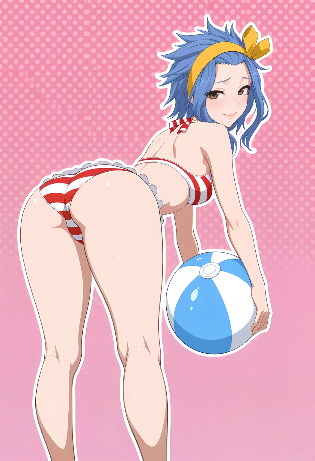 1girl, solo, (artist:wanke:1.1),
<lora:LevyMcGardenBikini_Illu_Dwnsty:1>, lvymcgrdswmtw, brown eyes, blue hair, medium hair, spiked hair, hair slicked back, sidelocks, yellow hairband, hair ribbon, yellow ribbon, striped bikini, frils, two-tone bikini, white bikini, red bikini, midriff, navel, frills, 1girl, ass, ball, looking back, beachball, polka dot background, blush, barefoot, kneepits, from behind, looking at viewer, bent over, full body, smile, small breasts, standing, leaning forward, pink background, outline, halftone background, huge ass, raised eyebrows, lips, naughty face, holding ball,
medium breasts, detailed face, detailed eyes, cowboy shot, looking at viewer,
masterpiece, absurdres, amazing quality, aesthetic, newest,