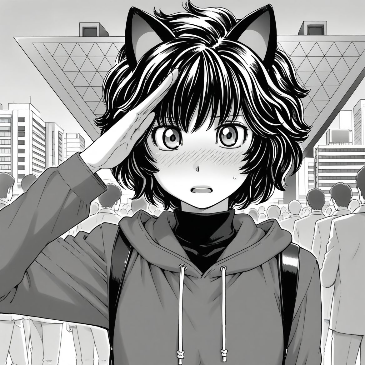 1girl,<lora:marnie_ill_v2.1:0.9> toshimarnie,short hair,messy hair,hoodie,cat ears,blush,turtleneck,embarrassed,BREAK
salute,looking at viewer,tokyo \(city\),tokyo big sight,BREAK
explicit,masterpiece,best quality,amazing quality,expressionless,greyscale,monochrome, (crowd:0.9),manga,open mouth,