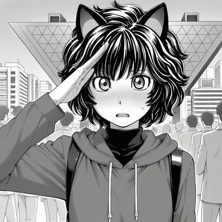 1girl,<lora:marnie_ill_v2.1:0.9> toshimarnie,short hair,messy hair,hoodie,cat ears,blush,turtleneck,embarrassed,BREAK
salute,looking at viewer,tokyo \(city\),tokyo big sight,BREAK
explicit,masterpiece,best quality,amazing quality,expressionless,greyscale,monochrome, (crowd:0.9),manga,open mouth,