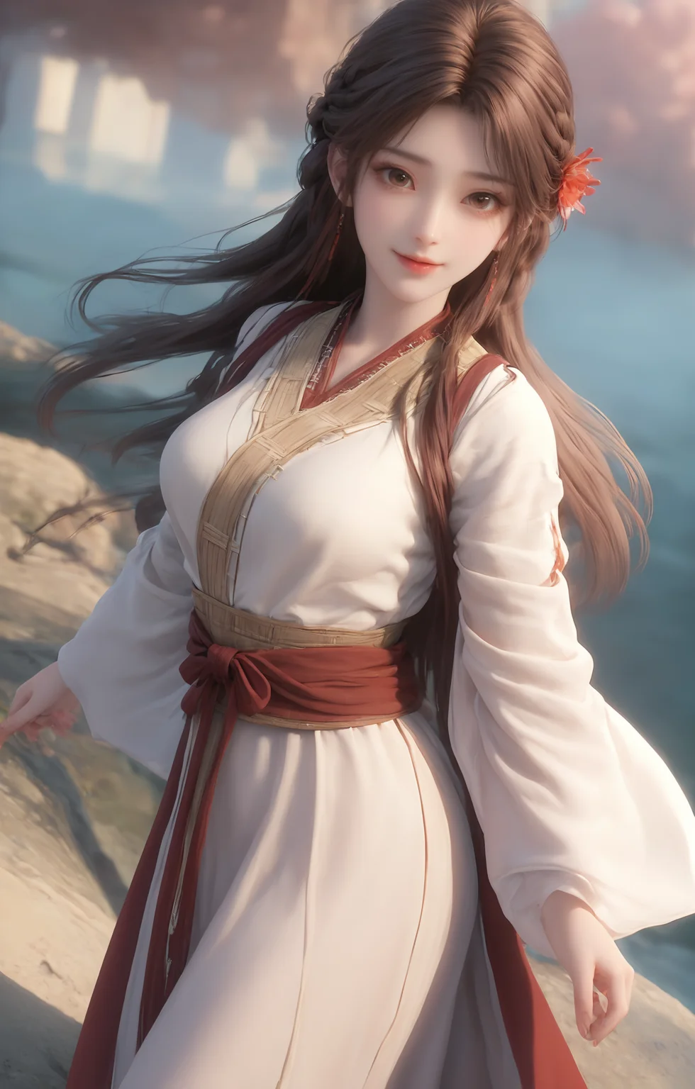 portrait,cowboy_shot,1girl,solo,brown hair,hair ornament,braid,long hair,wide sleeves,looking at viewer,brown eyes,jewelry,hair flower,long sleeves,sash,dress,mischevious smile,perfect body,scenery,sharp focus,best quality,masterpiece,detailed outfit,illustration,perfect eyes,finely detailed beautiful anime eyes,realistic skin,intricate details,best lighting,depth of field,ultra high resolution,dynamic pose,dynamic angle,<lora:huolinger_V1-000001:1>,