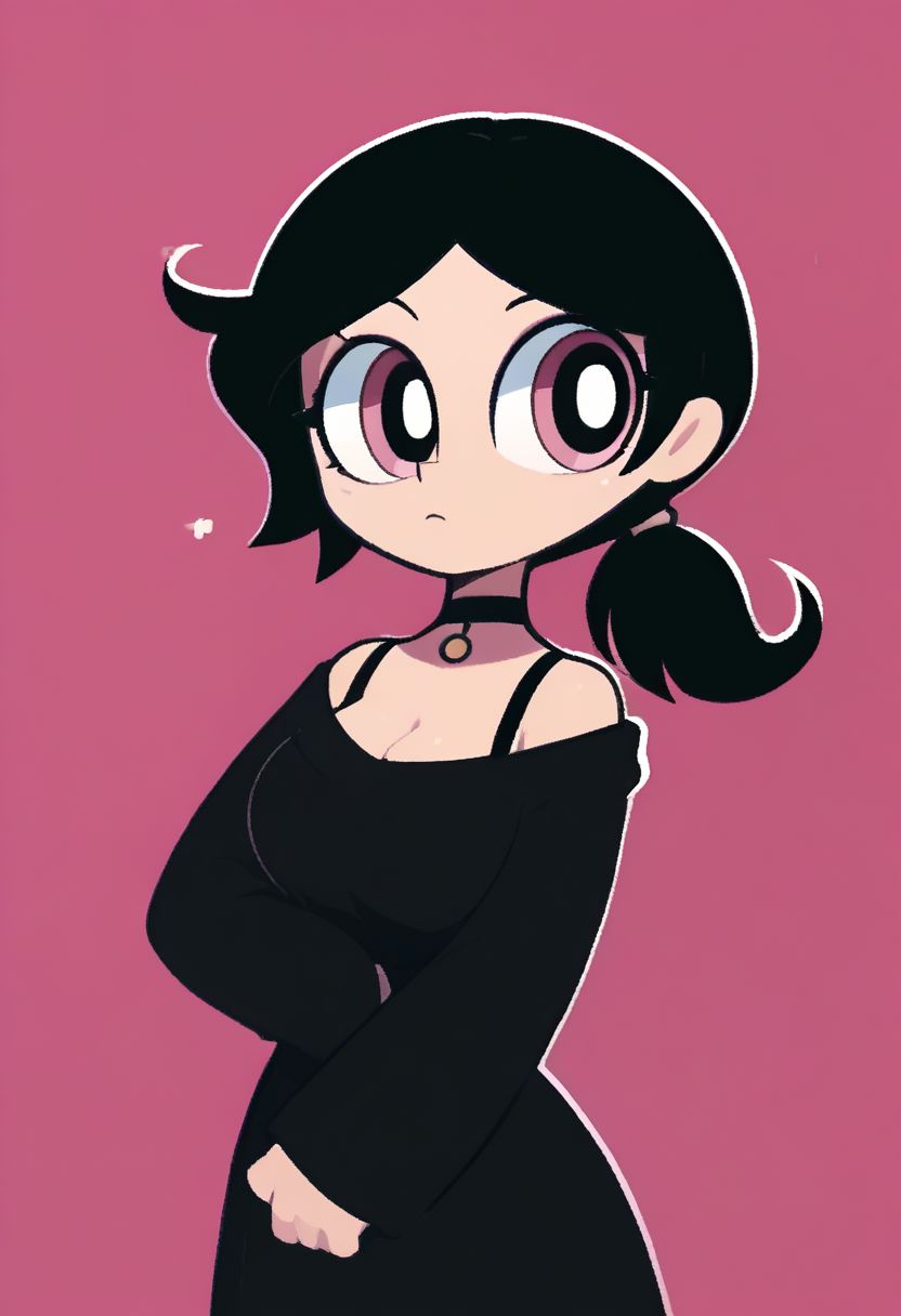 score_9, score_8_up, score_7_up,  <lora:PonyMinimalStyle:1> Minimalstyle, 1girl, simple, faceless female, beautiful, extremely detailed, vector , ashley graves, 1girl, black hair, big breasts, choker,medium hair, low ponytail, tcoaal, powerpuff