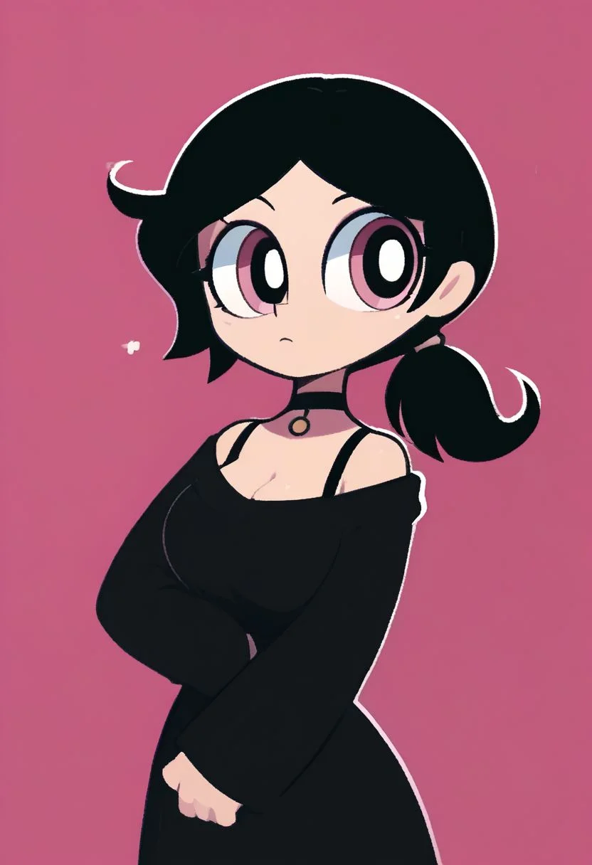 score_9, score_8_up, score_7_up,  <lora:PonyMinimalStyle:1> Minimalstyle, 1girl, simple, faceless female, beautiful, extremely detailed, vector , ashley graves, 1girl, black hair, big breasts, choker,medium hair, low ponytail, tcoaal, powerpuff