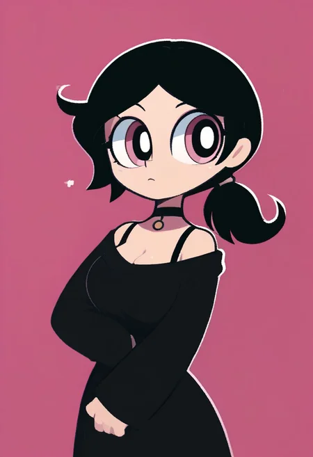 score_9, score_8_up, score_7_up,  <lora:PonyMinimalStyle:1> Minimalstyle, 1girl, simple, faceless female, beautiful, extremely detailed, vector , ashley graves, 1girl, black hair, big breasts, choker,medium hair, low ponytail, tcoaal, powerpuff