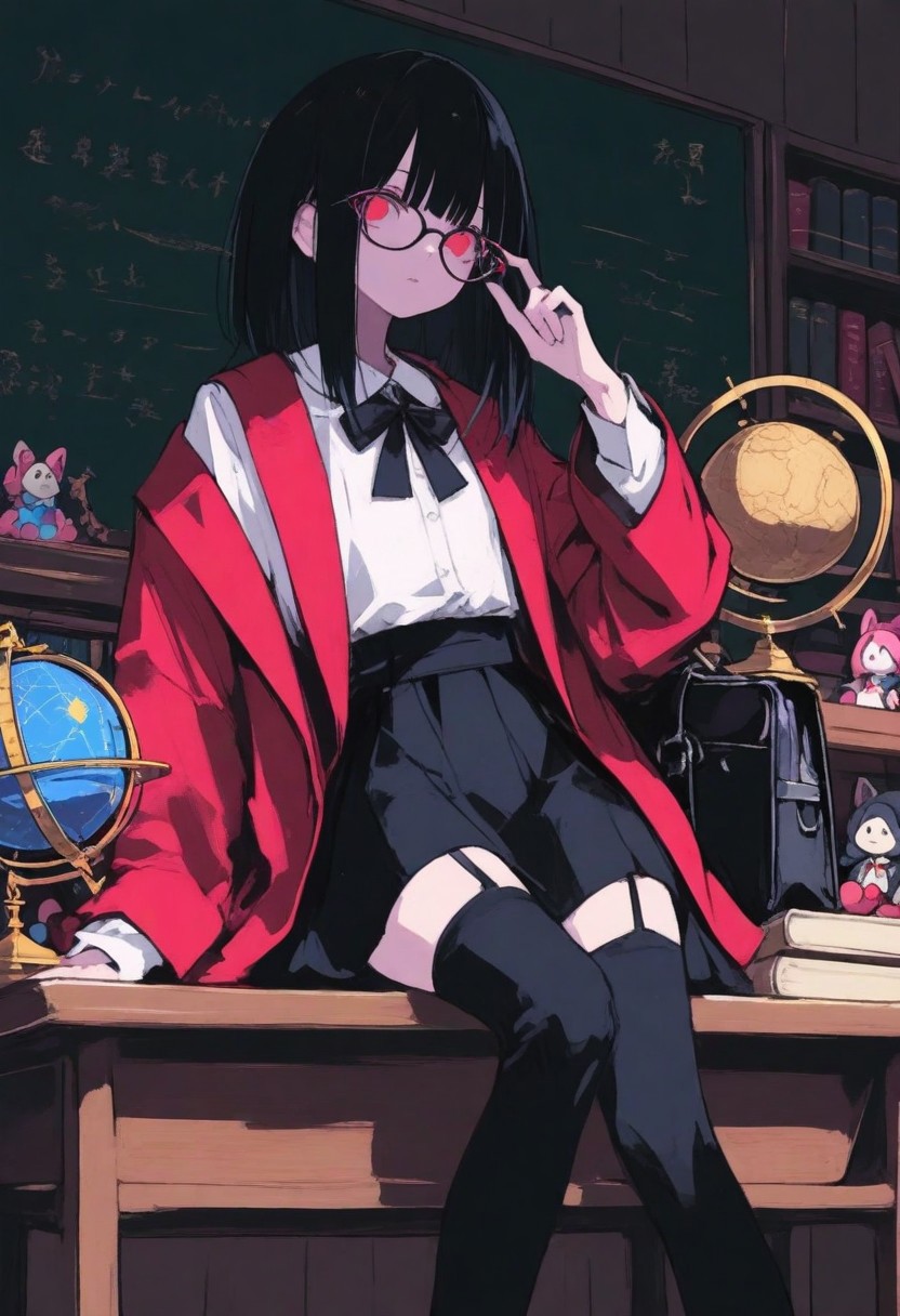 A stylish young woman with long black hair and red-tinted eyes, wearing a white blouse with a black bow tie, a red blazer draped over her shoulders, and black thigh-high stockings. She sits on a wooden school desk, adjusting her thin-framed glasses with a confident and mysterious expression. A black leather school bag rests beside her, and a beige document folder with Chinese characters lies on the desk. The dimly lit classroom has wooden walls, a bookshelf filled with plush toys, and an antique brass globe, creating a nostalgic yet enigmatic atmosphere.  
--flux_param: resolution=8K, ultra-detailed, cinematic lighting, professional color grading，
S4bit4mago_illu , xxx667_illu ,Protoneon  , ma1ma1helmes_b_illu,