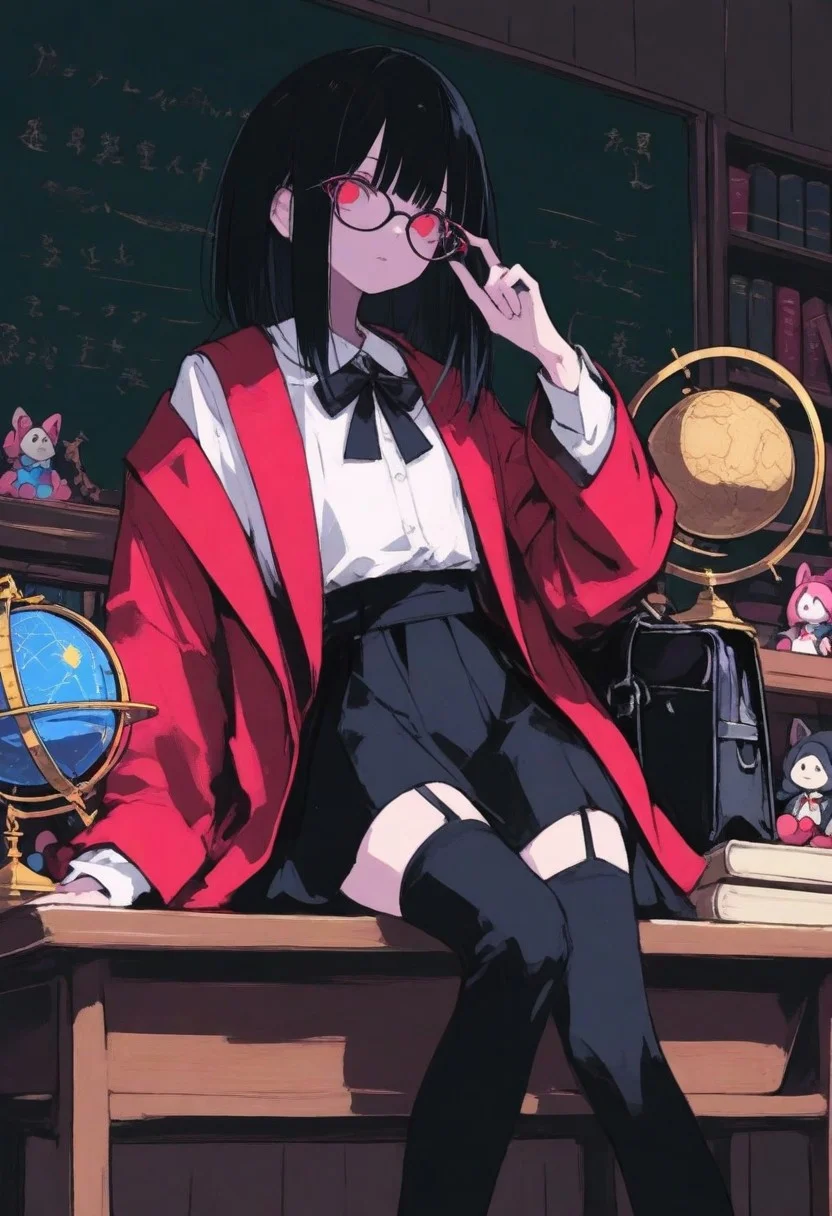 A stylish young woman with long black hair and red-tinted eyes, wearing a white blouse with a black bow tie, a red blazer draped over her shoulders, and black thigh-high stockings. She sits on a wooden school desk, adjusting her thin-framed glasses with a confident and mysterious expression. A black leather school bag rests beside her, and a beige document folder with Chinese characters lies on the desk. The dimly lit classroom has wooden walls, a bookshelf filled with plush toys, and an antique brass globe, creating a nostalgic yet enigmatic atmosphere.
--flux_param: resolution=8K, ultra-detailed, cinematic lighting, professional color grading,
S4bit4mago_illu , xxx667_illu ,Protoneon , ma1ma1helmes_b_illu,