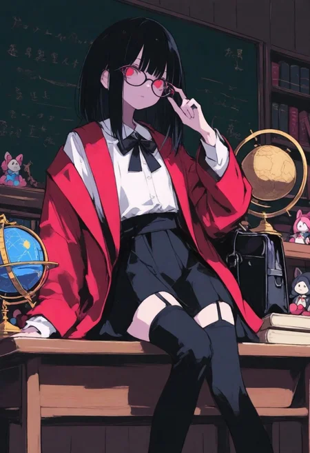 A stylish young woman with long black hair and red-tinted eyes, wearing a white blouse with a black bow tie, a red blazer draped over her shoulders, and black thigh-high stockings. She sits on a wooden school desk, adjusting her thin-framed glasses with a confident and mysterious expression. A black leather school bag rests beside her, and a beige document folder with Chinese characters lies on the desk. The dimly lit classroom has wooden walls, a bookshelf filled with plush toys, and an antique brass globe, creating a nostalgic yet enigmatic atmosphere.
--flux_param: resolution=8K, ultra-detailed, cinematic lighting, professional color grading,
S4bit4mago_illu , xxx667_illu ,Protoneon , ma1ma1helmes_b_illu,