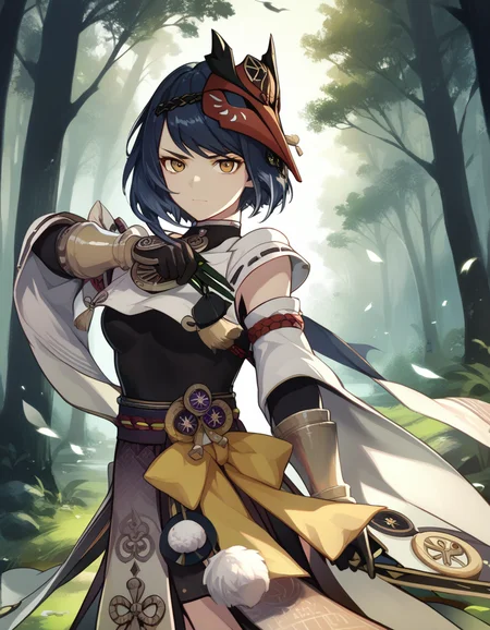 score_9, score_8_up, score_7_up, source_anime
<lora:kujou-sara-genshin-ponyxl-000025:1> ku70u5a4a, japanese clothes, mask on head, detached sleeves, elbow gloves, vambraces,
1girl, solo, holding bow \(weapon\), confident, forest, wind