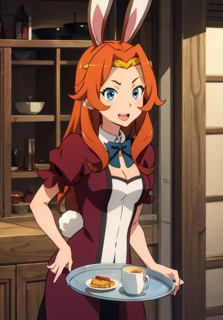 <lora:gate_d:0.8>, gate_d, rabbit girl, tavern, tray, serving