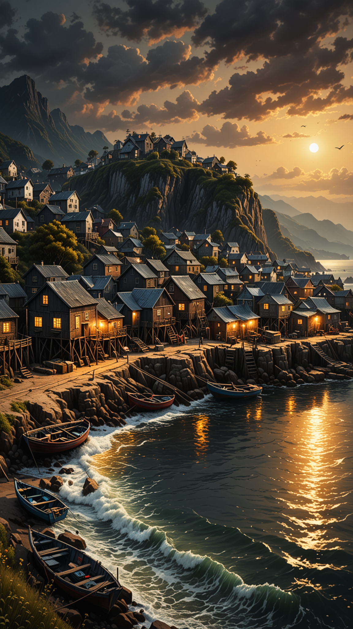 oil painting, A picturesque fishing village at the mouth of a wild river, dramatic light, (darkness), 34K uhd, masterpiece, high detail, 8k, intricate, detailed, high resolution, high res, high quality, highly detailed, Extremely high-resolution details, fine texture,