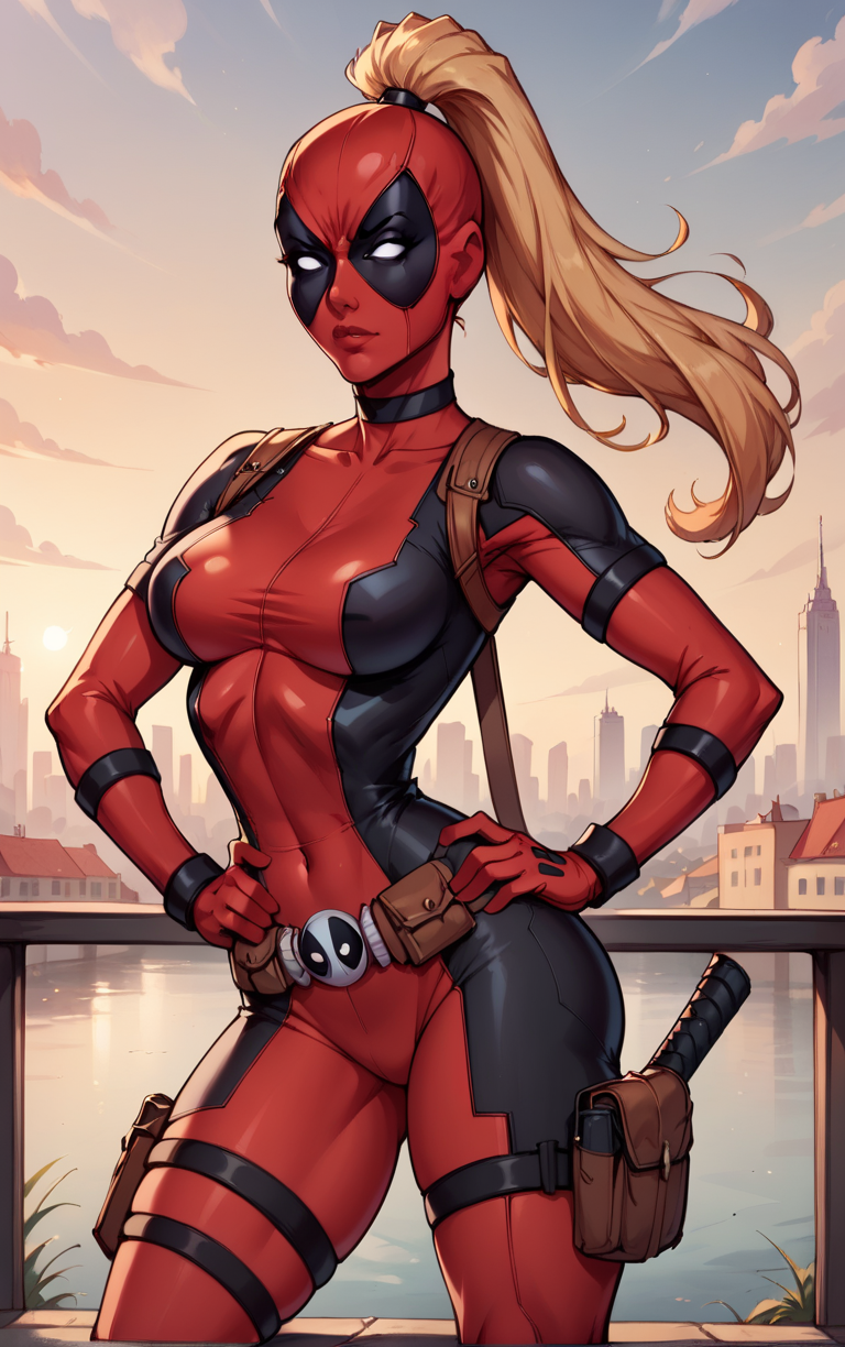 score_9, score_8_up, score_7_up, BREAK 
COMICS_LadyDeadpool_ownwaifu, 
1girl, blonde hair, empty eyes, high ponytail, large breasts, masked,  superhero, toned, very long hair, white eyes, mask, long hair, no pupils, narrow waist, 
bodysuit,  red bodysuit, black bodysuit, brown belt, multicolored bodysuit, belt pouch, utility belt, skin tight, belt, holster, gloves, pouch, covered navel, armor, choker, thigh strap, thigh holster, thigh pouch, ninja,
(contrapposto, hand on hip), sunset, sidelighting, cityscape, vanishing point, outdoors, <lora:PONYXL_COMICS_LadyDeadpool_ownwaifu:1> , depth of field, solo,