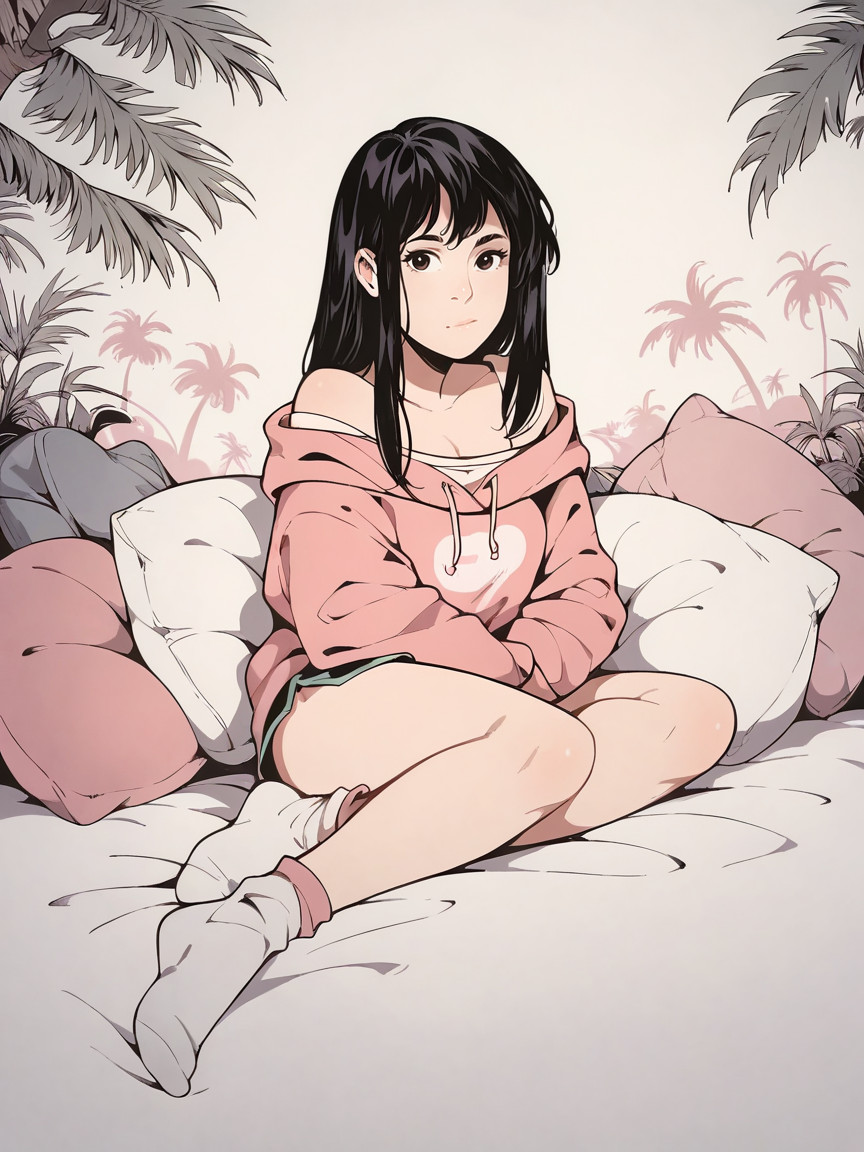 score_9, score_8_up, score_7_up, score_6_up, score_5_up,  <lora:l4ur4dXLP:1> l4ur4d, pink, socks, off shoulder, long hair, simple background, hoodie, palm tree, pillow, looking at viewer,