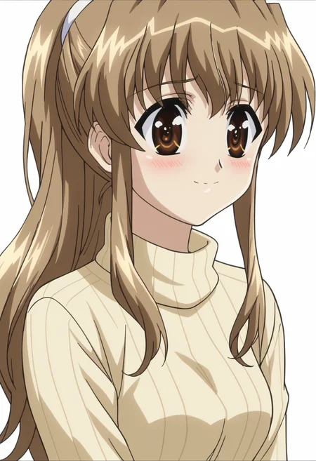 source_anime, score_9, score_8_up, score_7_up, anime screencap, anime coloring, BREAK <lora:DX888Haruka:1> nogizaka haruka, brown hair, brown eyes, long hair, light smile,  blush, embarrassed, turtleneck sweater,ponytail,   dynamic pose, ,  BREAK, pastel background, white  background