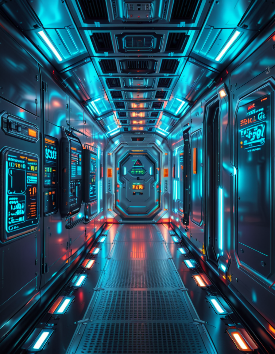 A highly detailed futuristic spaceship corridor, illuminated by soft neon blue and purple lights. The walls are made of sleek metallic panels, with glowing circuits and holographic displays integrated into the design. The floor is reflective and polished, with a faint grid pattern that emits a subtle white glow. Pipes and cables run along the ceiling, interspersed with small ventilation grids and blinking lights. The corridor stretches into the distance, creating a sense of depth, with a slight curve that hints at the massive scale of the spacecraft. The atmosphere feels clean, modern, and slightly sterile, with a sci-fi aesthetic inspired by movies like Blade Runner and Star Wars. The overall lighting is ambient and slightly dim, accentuating the futuristic ambiance. No characters or people are present, focusing entirely on the corridor's architecture and design.<lora:SDXLFaeTastic2400:0.4> <lora:extremely_detailed:0.4> extremely detailed, <lora:futuristic_spaceship_c0rr1d0r:1>,futuristic spaceship c0rr1d0r, Masterpiece,best quality,hi res,8k,hi res,8k,award winning,(sharp focus, intricate, highly detailed),