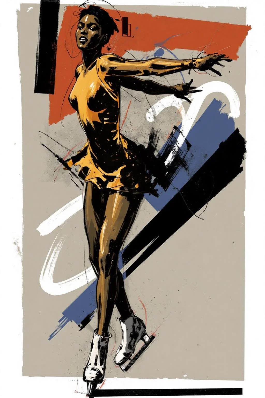 poster illustration.
A dark-skinned woman is figure skating. She wears a golden yellow dress with long sleeves and a short skirt. Her left arm is extended forward, while her right arm is bent with her hand on her hip. <lora:posterillustration_cap_d8a4e11:1.0><lora:846189427534587367:0>
