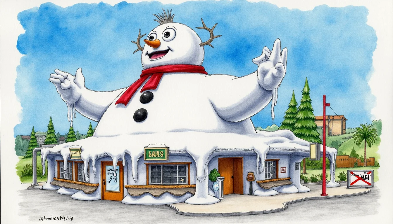 Watercolors depiction of a massive melting novelty architecture building shaped like a bully abominable snowman, it is operating as a pub in a crime infested tourist area.
