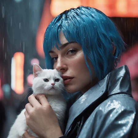 RAW photo, (photo flash:1.5) (fashion photography) (pictorialist style), fashion shot, realistic photo style, sharp focus,
(full body shot) of a 20 yo girl with ice blue hair in future clothes, angry or crying and sad looking, tearful and open-mouthed, reveal sorrow, open mouth, teary, tear, sorrow, crying, transparent liquid, water tears, glass tears, cute face, eye level, focus on eyes,
she ist wearing a sleek metallic jumpsuit with holographic accents, LED-lit seams, form-fitting silhouette, iridescent fabric, touch-responsive panels, adaptive color-changing, avant-garde asymmetry, integrated tech accessories, gravity-defying drapes, translucent mesh inserts, biomimetic textures, 3D-printed details, energy-efficient materials, microfiber sensors, minimalist cutouts, modular layering, neural interface compatibility, solar-charging capabilities
She is holding a white cat, rain, (wet fur:1.2), water droplets, puddles, drenched, shimmering, damp paws, misty air, whiskers glistening, gray skies, reflective eyes, soggy whiskers, damp nose, fur clinging, splashing, damp coat, rainy day, water-soaked, watery world
photo location is a night scene from blade runner movie: moviestill, (bright dazzling neon lights:1.3), futuristic skyline, neon-lit alleys, rain-soaked pavement, towering skyscrapers, gritty urban sprawl, synthetic humans, bustling crowds, holographic billboards, flying vehicles, dimly lit shops, cyberpunk aesthetics, dystopian atmosphere, steamy vents, flickering lights, androids in shadows, moody reflections, artificial intelligence, techno-noir setting, dark mysteries, urban decay, rain-slicked streets, augmented reality, electronic hum, metropolitan dystopia, eerie silence, urban isolation, polluted skies, neon glow, tech-enhanced crime, melancholic undertones, enigmatic figures, uncertain future, digital billboards, glimmering advertisements, corporate dominance, haunting alleys, tech noir ambiance, abandoned corners, cybernetic implants, forbidden desires, existential questions, artificial lifeforms, ethereal music, looming architecture
dappled light on face, pale skin, no make-up, detailed face and eyes, natural skin texture, (highly detailed skin:1.1), (textured skin:1.1), (skin pores:1.1), (oiled shiny skin:0.5), (skin blemish:1.2), (imperfect skin:1.1), intricate skin details, visible skin detail, detailed skin texture, detailed eyes, round iris, remarkable detailed pupils, light reflections in her eye, visible cornea, highly detailed iris, tiny blood vessels in the eye, small freckles, wrinkles, pimples, beauty spot, <lora:polyhedron_all_sdxl-000004:0.7>
celluloid's unique character, film grain, (no depth of field:1.5), movie shot with (panavision panaflex gold camera:1.1) on (celluloid:1.2), shot by ridley scott, shot by Denis Villeneuve, best quality, masterpiece, ultra high res, (photorealistic:1.4), 8K raw photo, professional photography, award winning photo, ((light)) photography