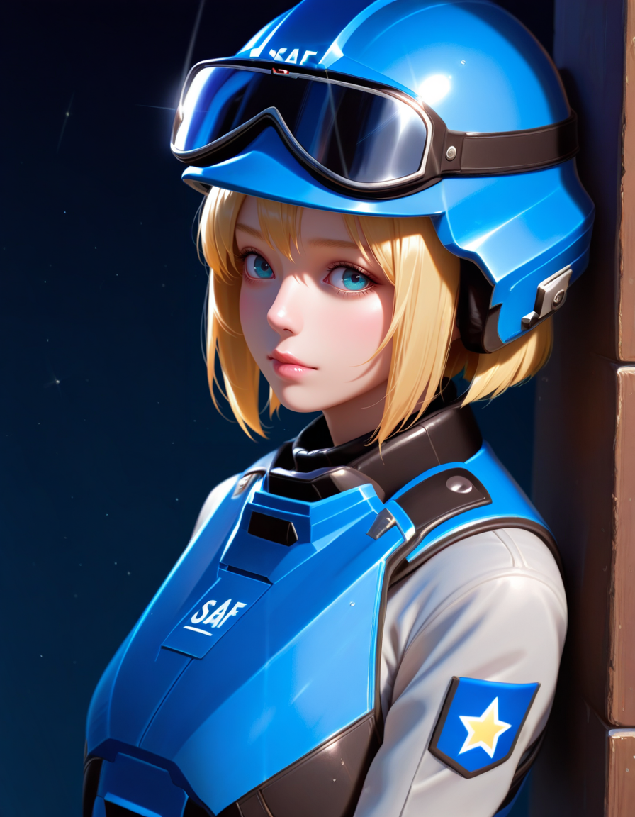 Masterpiece, high-res, 2k, best quality, 2.5d, realistic, 1girl, seaf uniform, helmet , googles, blonde hair, blue wyes, short hair <lora:seaf_uniform_illus-000043:1>