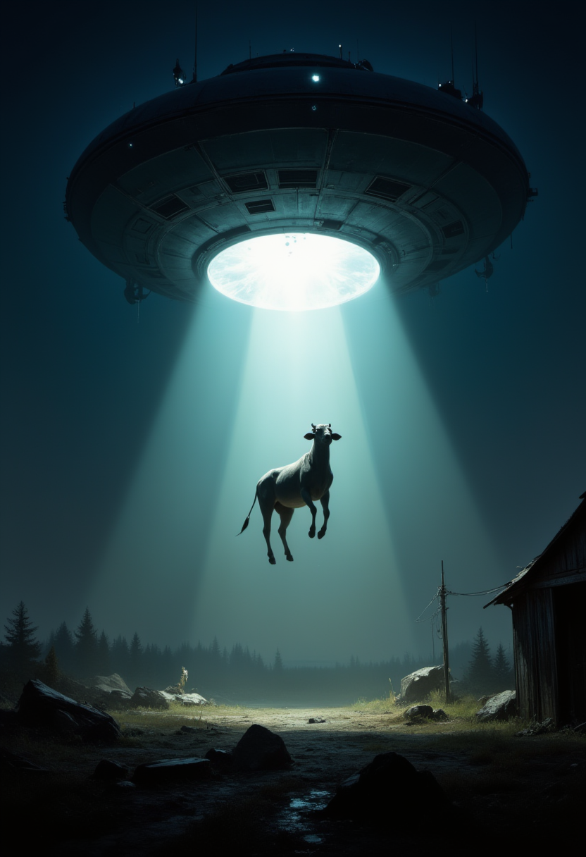 Farm at night. Big alien spaceship lifts cow in beam of light. The scared cow in the air. The cow's legs are dangling.
<lora:artisketchyfs-v02:1>