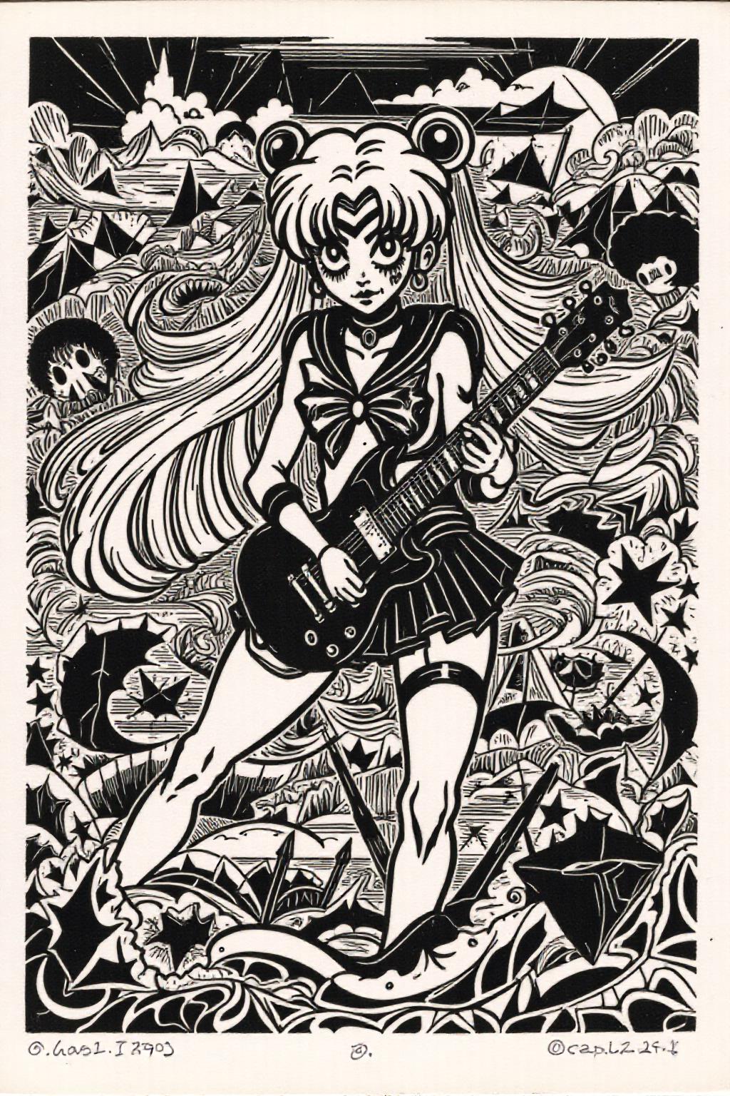 k1ooster black and white drawing of punk sailor moon playing a guitar at a heavy metal mosh pit, tattoos, piercing, <lora:Klooster.Border.D8A4.R15E10.ep10:1.0> <lora:Flux-Sch-SingleBlocks-BF16:1.0><lora:796081573100418396:0>