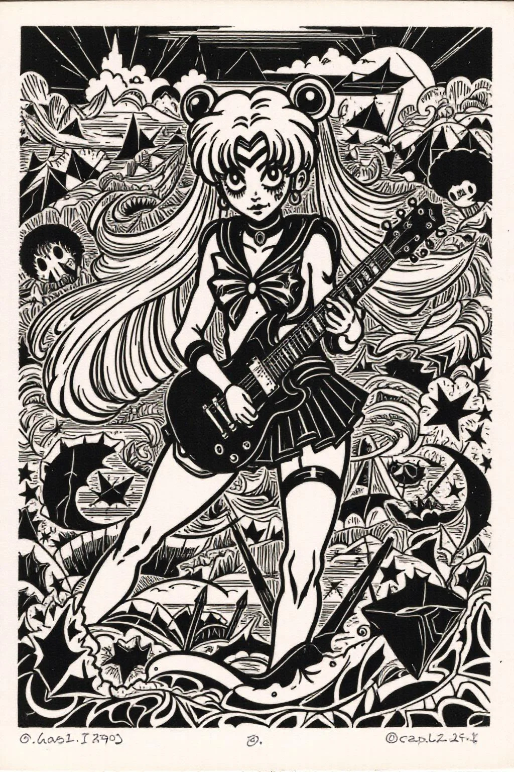 k1ooster black and white drawing of punk sailor moon playing a guitar at a heavy metal mosh pit, tattoos, piercing, <lora:Klooster.Border.D8A4.R15E10.ep10:1.0> <lora:Flux-Sch-SingleBlocks-BF16:1.0><lora:796081573100418396:0>
