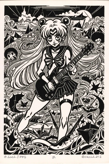 k1ooster black and white drawing of punk sailor moon playing a guitar at a heavy metal mosh pit, tattoos, piercing, <lora:Klooster.Border.D8A4.R15E10.ep10:1.0> <lora:Flux-Sch-SingleBlocks-BF16:1.0><lora:796081573100418396:0>