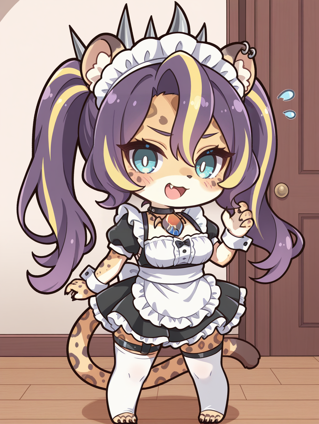 vanquish soul pantera,leopard girl,1girl,solo,chibi,fang,body fur,indoors,open mouth,smile,looking at viewer,animal nose,blush,full body,twintails,spiked hair ornament,ear piercing,black choker,maid headdress,maid dress,maid apron,flying sweatdrop,white toeless legwear,wrist cuffs,animal feet,sharp toenails,necklace jewel,
masterpiece,best quality,amazing quality,very aesthetic,apussbsurdres,newest,<lora: vanquish_soul_pantera illuXL v1:0.75>,
