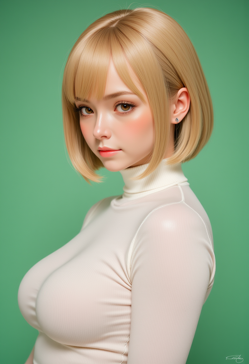 Headshots,a digital painting of a beautiful woman,Hyperrealistic, she is smiling, dynamic angles, multiple angles, photoshoot poses; A photo of Haru, a woman with blonde hair, she has massive breasts, a beautiful girl,she is wearing a white turtleneck sweater.she has massive breasts, she has piercing eyes. a dynamic pose and a sense of action. simple green background, and the lighting is soft, creating a dramatic effect, creating a focused and dynamic pose.; the scene is set in a beautiful well-lit environment, with a sense of action and adventure. Style: realistic hyper-detailed rendering, 32k UHD, expressive eyes, punk, graphic design, girl's face, pretty and cute, gleaming lips, telling a tale of adventure. Exuding confidence and serenity. The overall mood of the image is happy and relaxed, detailed skin texture,(blush:0.2),(goosebumps:0.3), subsurface scattering,with a playful and whimsical tone,perfect hand, hand, detailed hand,niji style,retro50s_style,
