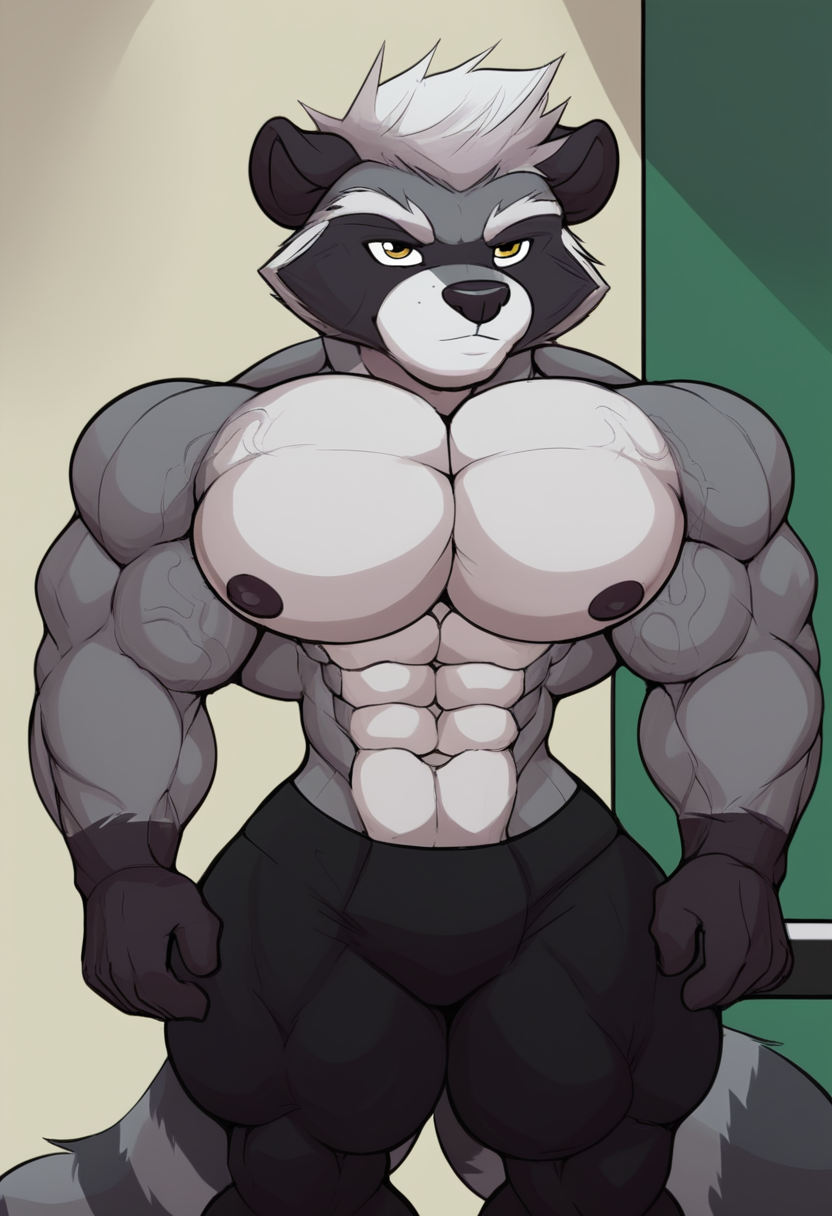 Anthropomorfic, anthro, furry, solo, raccoon, by kheel, muscular male, bara, sexy, massive pecs, big pecs, narrow hips, lean hips, narrow waist, wide back, wide shoulders, front view, indoors, embedding:boring_e621_v4, embedding:zPDXL3, embedding:boring_e621_fluffyrock_v4, embedding:boring_e621_unbound_plus.
