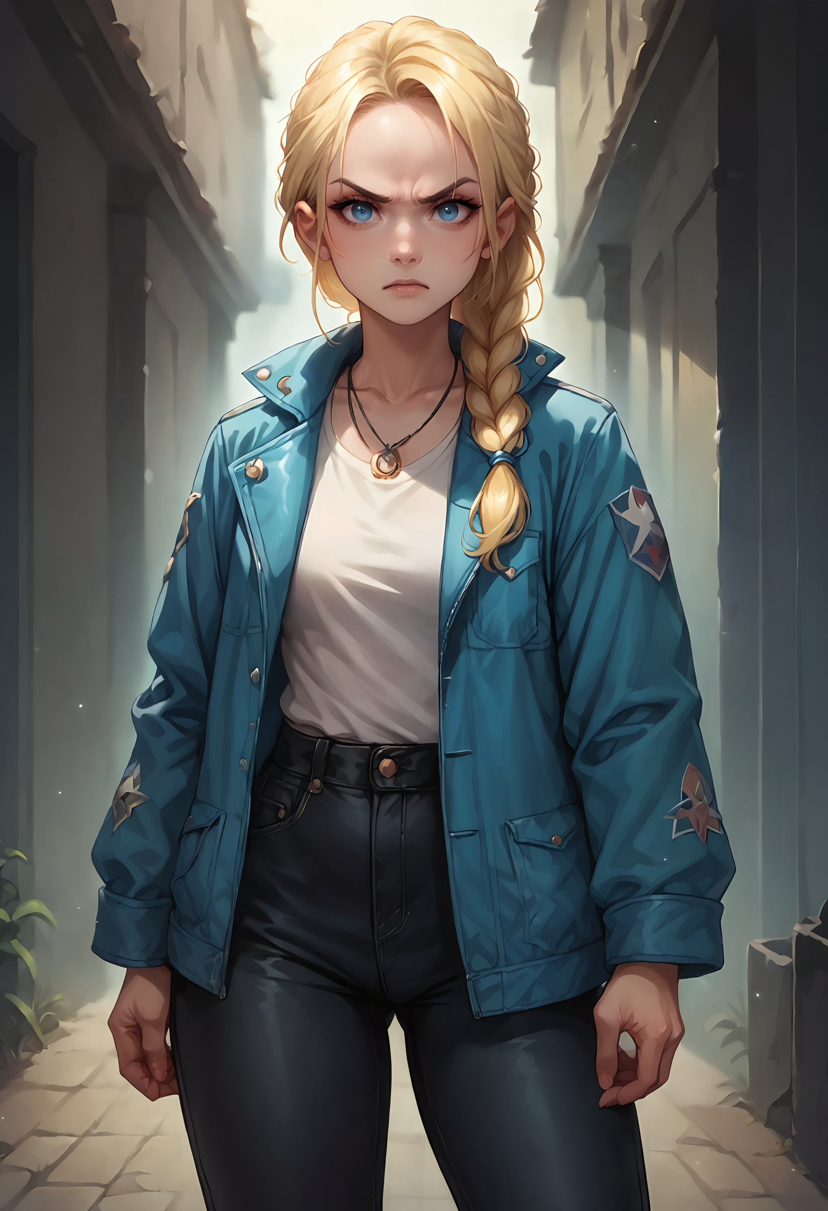 score_9, score_8_up, score_7_up, score_6_up, score_5_up, score_4_up, (masterpiece, best quality, high quality, highres, ultra-detailed), 1girl, cowboy shot, blonde hair, blue eyes, braided ponytail, round face, angry, oversized jacket, leather pants, necklace, <lora:pop-e-girlv06:.7>