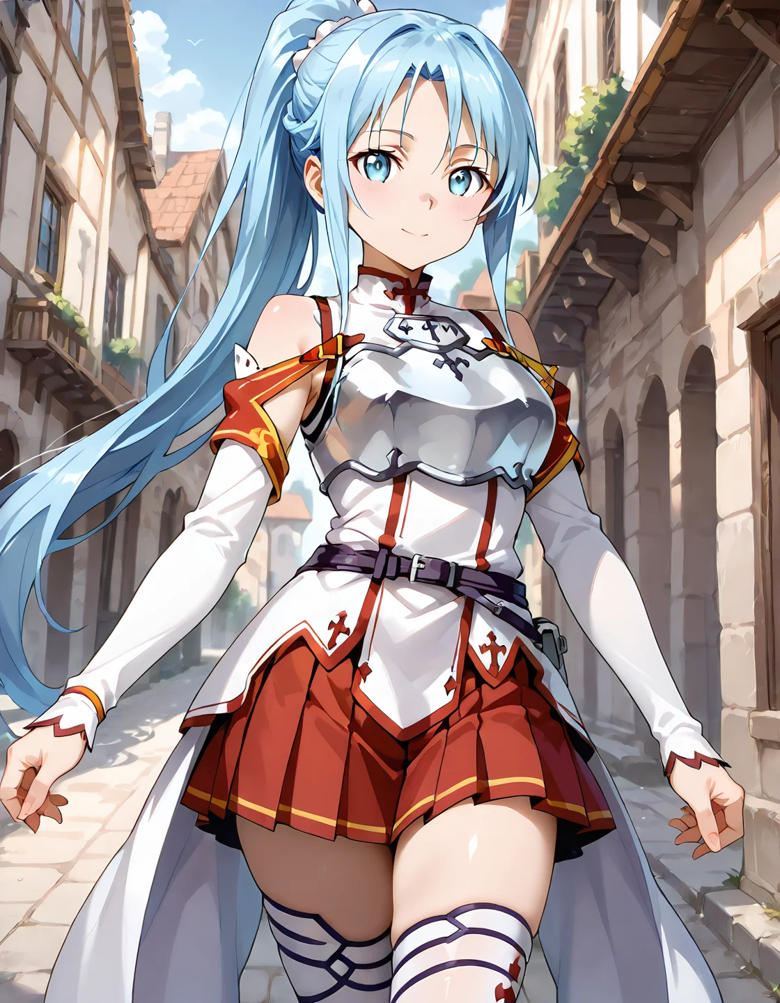 score_9, score_8_up, score_7_up, source_anime, <lora:add-detail-xl:1>, good anatomy, masterpiece, amazing quality, ultra detailed, good hand
BREAK 1girl, walking, in town, happy,
BREAK <lora:Sylpha_Langris_Pony_Lora:0.8> sylpha, long hair, ponytail, blue eyes, blue hair, large breasts,
BREAK <lora:Knights-of-the-Blood-Oath-uniform:0.9> Knights-of-the-Blood-Oath-uniform, skirt, red skirt, pleated skirt, mini skirt, white dress, detached sleeves, white belt, waist cape, white waist cape, silver breastplate, white thighthighs,