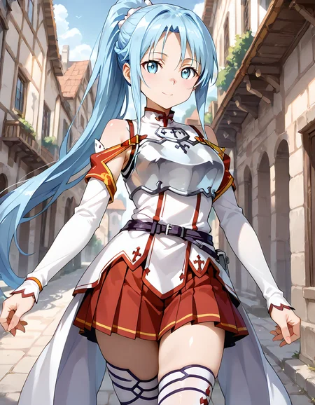 score_9, score_8_up, score_7_up, source_anime, <lora:add-detail-xl:1>, good anatomy, masterpiece, amazing quality, ultra detailed, good hand
BREAK 1girl, walking, in town, happy,
BREAK <lora:Sylpha_Langris_Pony_Lora:0.8> sylpha, long hair, ponytail, blue eyes, blue hair, large breasts,
BREAK <lora:Knights-of-the-Blood-Oath-uniform:0.9> Knights-of-the-Blood-Oath-uniform, skirt, red skirt, pleated skirt, mini skirt, white dress, detached sleeves, white belt, waist cape, white waist cape, silver breastplate, white thighthighs,