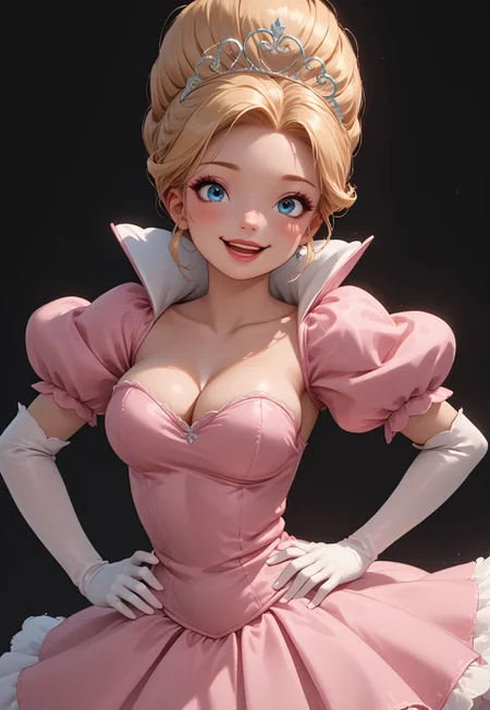 safe_pos, score_9, score_8_up, score_7_up, source_anime,hentai, anime, masterpiece,
CharlotteXLP, blonde hair, makeup, blue eyes, hair bun, looking at viewer, blushing smile open mouth, lips, big breasts,
(pink dress with high back panel, puffy sleeves, puffy skirt, cleavage, tiara, white elbow gloves, standing pose, hand on hip), angle view, black background with pink transparent curtains, rim lighting
