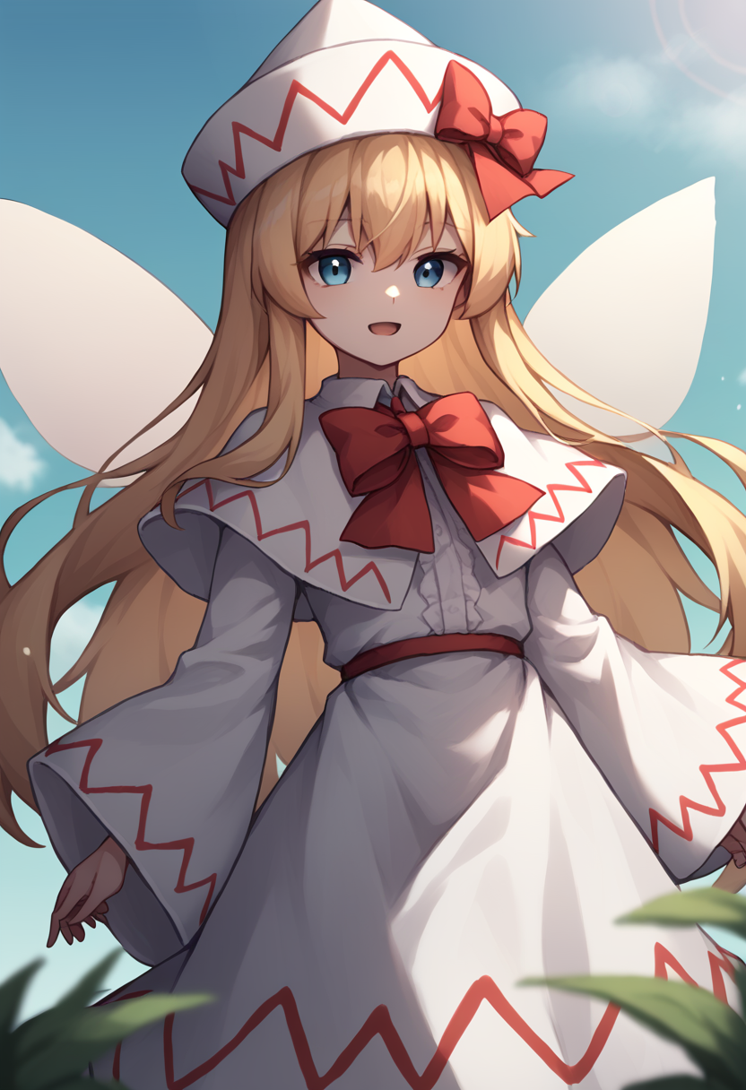 score_9,score_8_up,score_7_up,<lora:Touhou_pony:1>,1girl, lily_white, touhou, fairy_wings, white_hat, white_dress, white_capelet, long_sleeves, wide_sleeves, red_bowtie