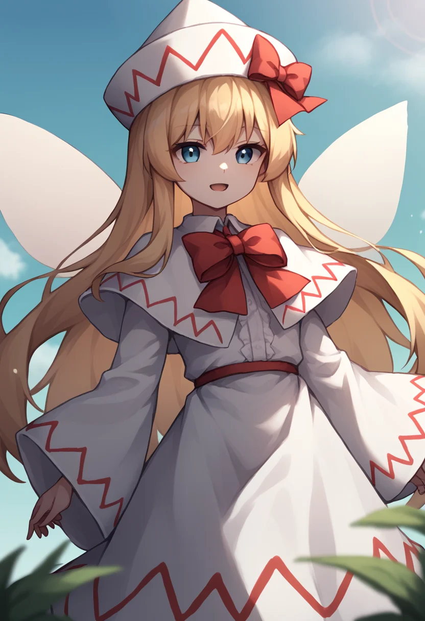 score_9,score_8_up,score_7_up,<lora:Touhou_pony:1>,1girl, lily_white, touhou, fairy_wings, white_hat, white_dress, white_capelet, long_sleeves, wide_sleeves, red_bowtie