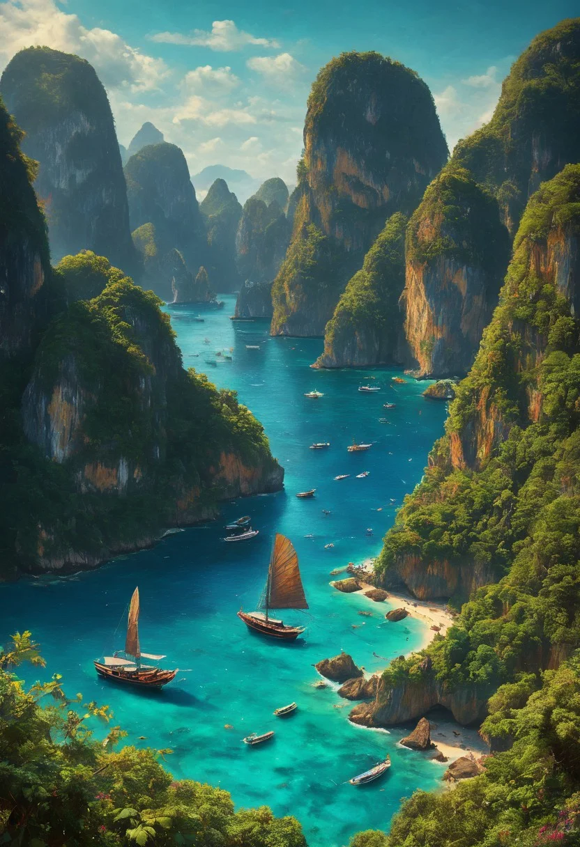 Create a breathtaking image of a photograph of the famous Kho Phi Phi island of Thailand, View towards the Bay seing the traditional Ships, daylight, vivid colors, bright, amazing landscape, perfect composition, a rich and complex image of nature, a vibrant tissue of hues and textures captured digitally, best quality, realistic, captivating, fantastical, splash art, intricately detailed, hyper detailed, maximalist style, photorealistic, concept art, sharp focus, harmony, serenity, calm, mysterious glow, dynamic lighting, superb composition, finest details, highest aesthetics, ((view from above)), aerial photo from above as if a bird had taken the picture, mystical glow, best quality, sharp focus, high contrast, stylized, clear, colorful, ultra quality, 8k, best quality, masterpiece,midjourneyv6.1