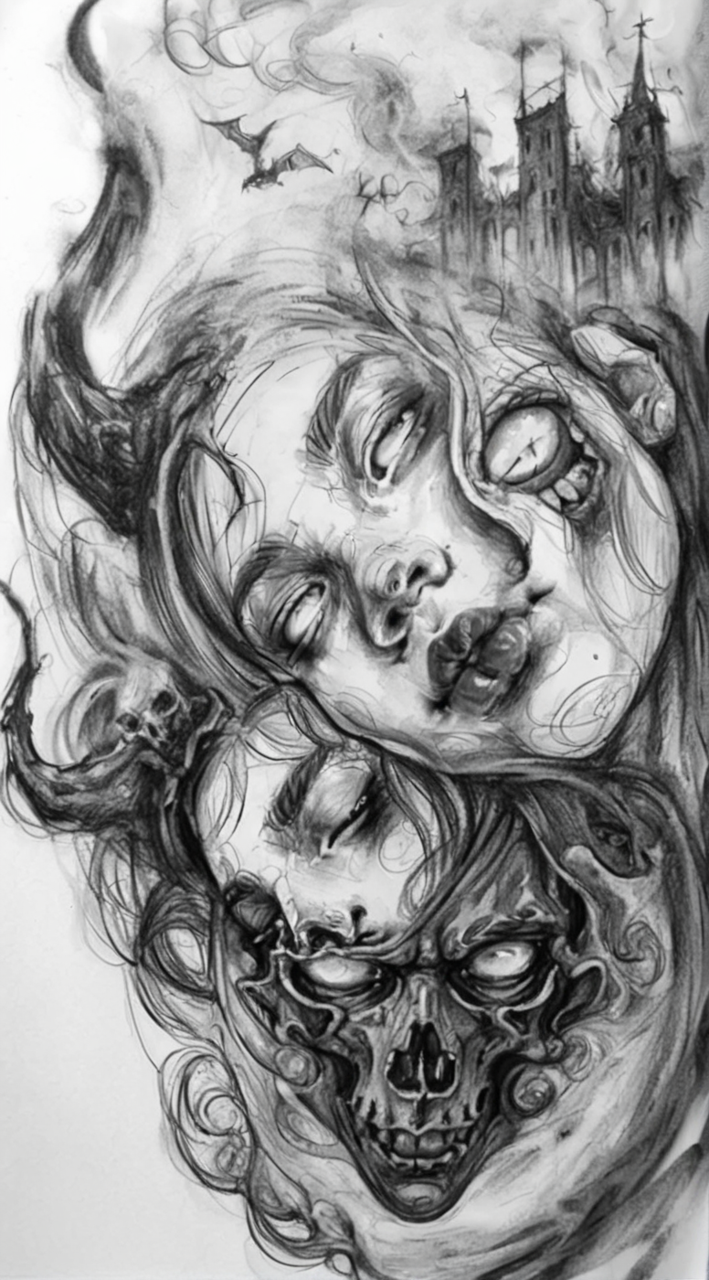 visiblend pencil drawing girl and devil in hell, black ink<lora:visiblend:0.8>