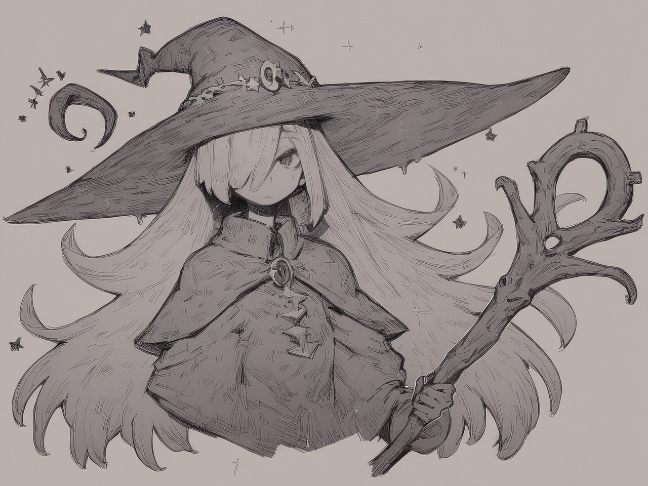 score_9, score_8_up, score_7_up, score_6_up, score_5_up, score_4_up, source_anime, a witch casting magic, witch hat, hair over one eye, long hair, graphite /(medium/), lineart, by aaaa /(quad-a/), <lora:Pixel_Lineart:1> pixlineart, sketch, drawing