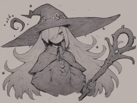 score_9, score_8_up, score_7_up, score_6_up, score_5_up, score_4_up, source_anime, a witch casting magic, witch hat, hair over one eye, long hair, graphite /(medium/), lineart, by aaaa /(quad-a/), <lora:Pixel_Lineart:1> pixlineart, sketch, drawing