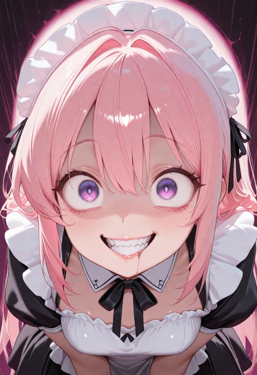 (masterwork, masterpiece, best quality, hyper-detailed, 8k uhd:1.4) 1girl, CivChan, hologram, pink hair, purple eyes,  wide eyes, staring at viewer, maid uniform, huge grin, (scary:1.4), demented, (crazy:1.4), large breasts, wide hips, luscious lips, glossy lips, lip gloss, detailed lips, <lora:CivChan:0.9> quality: masterpiece, extremely aesthetic, highly detailed, dynamic composition, vibrant colors, vivid colors, saturated