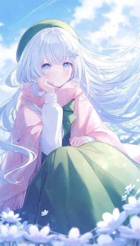 1girl, flower, long hair, solo, scarf, hat, beret, looking at viewer, bow, hair ornament, sitting, white hair, blue flower, long sleeves, skirt, parted lips, white flower, outdoors, snowflake hair ornament, hair flower, sky, field, flower field, long skirt, blue eyes, very long hair, green headwear, blue hair, green skirt, floating hair, shirt,
masterpiece,best quality,newest,absurdres,highres,very awa,<lora:sei3_noob1.1-000200:0.9>,